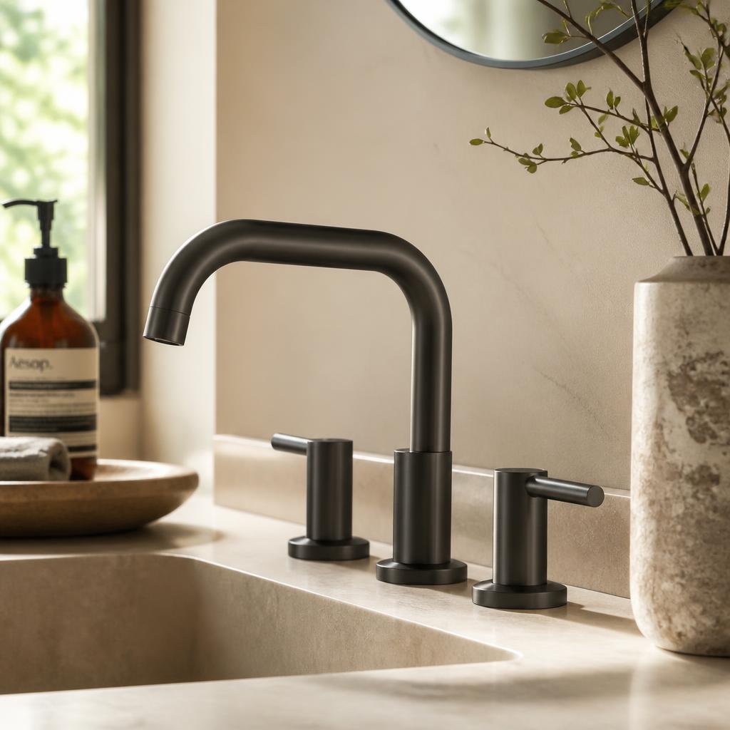 Detalle de grifería y equipamiento de baño sobre superficie de piedra