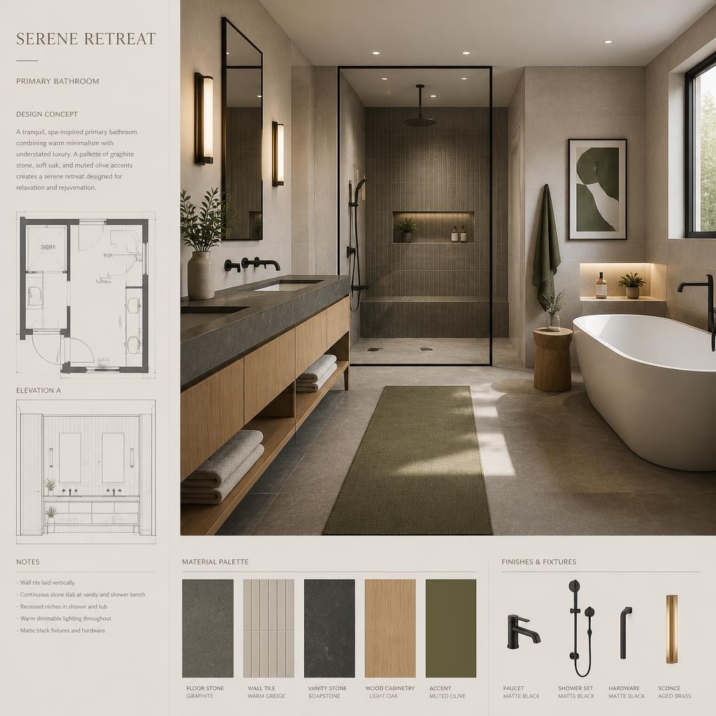 Render arquitectónico de baño con muestras de materiales y acabados